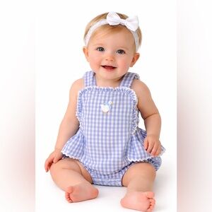 Lil Cactus Size 12-18 Mths Blue Gingham Baby Romper with Duck Applique and Bow